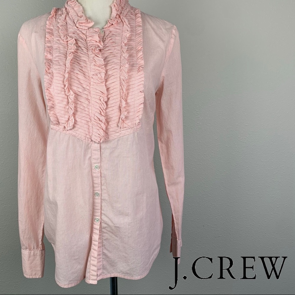 J. Crew SIZE 4 pink stripe long-sleeve button-down with ruffle detail